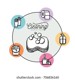 sponge with soap bubbles and cleaning service elements around in color silhouette circular frames on white background vector illustration