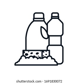 Schwamm mit Seife und Waschmittel Flaschen Linie Stil Symbol Design, Reinigungsdienst waschen Haushaltshygienemaschine Hausarbeit und Haushaltspflege Vektorillustration Illustration