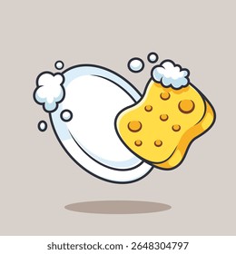 Sponge With Soap And Plate Cartoon Vector Icon Illustration. Healthy Object Icon Concept Isolated Premium Vector. Flat Cartoon Style
