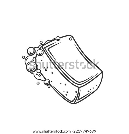Sponge with soapy foam outline icon vector illustration. Line hand drawn cleaning tool for washing dirty surface with soap, liquid detergent and water, sponge to clean dirt in kitchen or bathroom