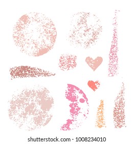 Sponge stamps collection. Samples template foundation, concealer for makeup. Various stain brushes, textured circles, grunge element, hearts for beauty and cosmetics. Vector illustration.
