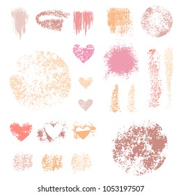 Sponge stamps collection. Samples template foundation, concealer for makeup. Various stain brushes, textured circles, grunge element, hearts for beauty and cosmetics. Vector illustration.