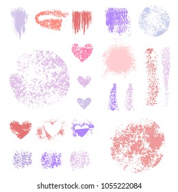 Sponge stamps collection. Samples template foundation, concealer for makeup. Various stain brushes, textured circles, grunge element, hearts for beauty and cosmetics. Vector illustration.