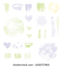 Sponge stamps collection. Samples template foundation, concealer for makeup. Various stain brushes, textured circles, grunge element, hearts for beauty and cosmetics. Vector illustration.