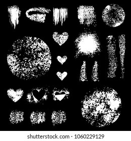 Sponge stamps collection. Samples template foundation, concealer for makeup. Various stain brushes, textured circles, grunge element, hearts for beauty and cosmetics. Vector illustration.