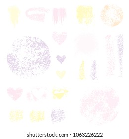 Sponge stamps collection. Samples template foundation, concealer for makeup. Various stain brushes, textured circles, grunge element, hearts for beauty and cosmetics. Vector illustration.