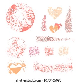 Sponge stamps collection. Samples template foundation, concealer for makeup. Various stain brushes, textured circles, grunge element, hearts for beauty and cosmetics. Vector illustration.