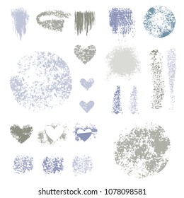 Sponge stamps collection. Samples template foundation, concealer for makeup. Various stain brushes, textured circles, grunge element, hearts for beauty and cosmetics. Vector illustration.