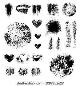 Sponge stamps collection. Samples template foundation, concealer for makeup. Various stain brushes, textured circles, grunge element, hearts for beauty and cosmetics. Vector illustration.