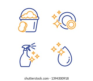 Sponge, Washing cleanser and Clean dishes icons simple set. Water drop sign. Cleaner bucket, Housekeeping spray, Dishwasher concept. Crystal aqua. Cleaning set. Linear sponge icon. Colorful design set