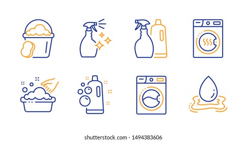 Sponge, Washing cleanser and Washing machine line icons set. Clean bubbles, Shampoo and spray and Dryer machine signs. Water splash symbol. Cleaner bucket, Housekeeping spray. Cleaning set. Vector