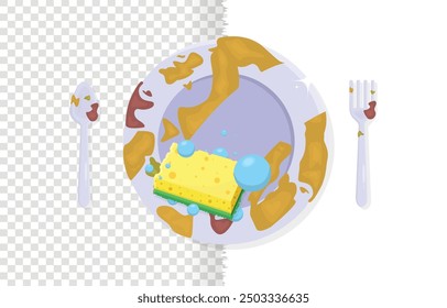 Sponge washing dirty dish, spoon and fork 2d flat vector illustration isolated on background
