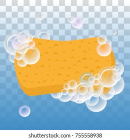 Sponge for washing with foam bubbles. Vector object illustration on background with transparent effect