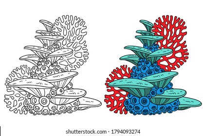 Sponges with red corals coloring book linear drawing isolated on white background