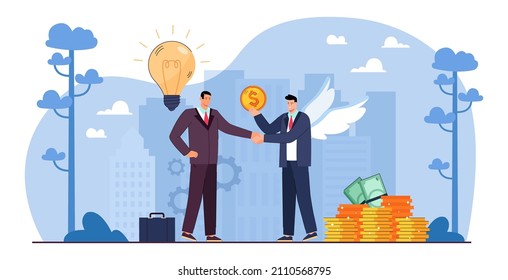 Patrocinador con alas de ángel dando apoyo financiero a un hombre de negocios. Asesora profesional o ilustración vectorial plana del inversor. Inversión, emprendimiento, coworking, concepto de financiación para banner