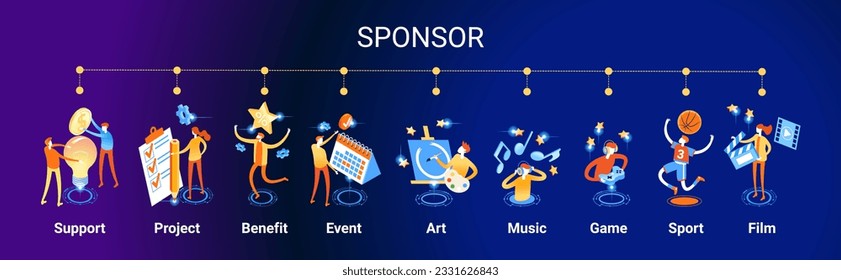 Sponsor banner web. Concept with icon of support, project, benefit, art, event, music, sport, film. Vector illustration