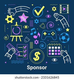 Sponsor banner web. Concept with icon of support, project, benefit, art, event, music, sport, film. Vector illustration