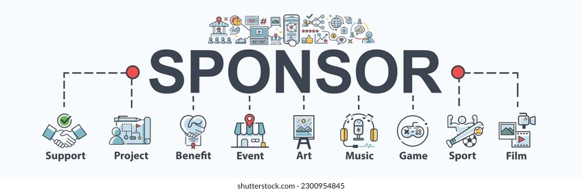 Icono de la web de banner patrocinador para empresas y asociaciones, apoyo, proyecto, beneficio, arte, evento, música, deporte, juego y cine. Infografía mínima de dibujos animados vectoriales.