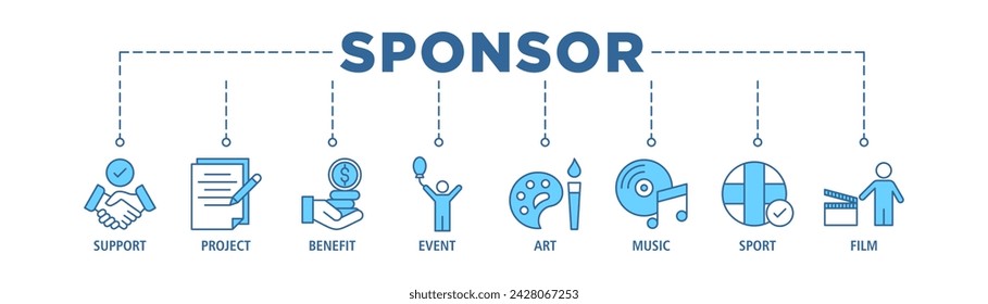 Sponsor banner web icon set vector illustration concept with icon of support, project, benefit, art, event, music, sport, and film