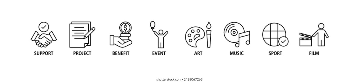 Sponsor banner web icon set vector illustration concept with icon of support, project, benefit, art, event, music, sport, and film