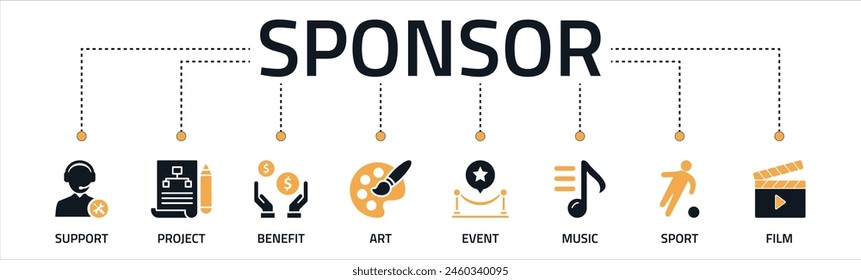 Sponsor banner web icon set vector illustration concept with icons of support, project, benefit, art, event, music, sport, and film