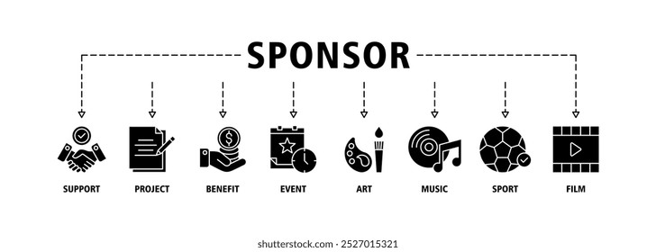 Sponsor-Banner Web-Symbol Set Vektorgrafik-Konzept mit Symbol für Unterstützung, Projekt, Nutzen, Kunst, Veranstaltung, Musik, Sport und Film-Icons Infografik-Symbol Hintergrund