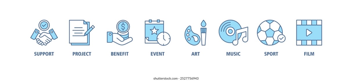 Sponsor banner web icon set vector illustration concept with icon of support, project, benefit, art, event, music, sport and film icons infographics symbol background live stroke