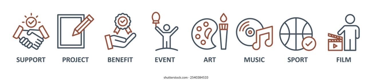 Sponsor banner web icon set vector illustration concept with icon of support, project, benefit, art, event, music, sport and film icons symbol template background
