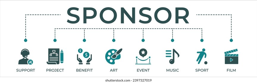 Sponsor banner web icon vector illustration concept with icons of support, project, benefit, art, event, music, sport, and film.	