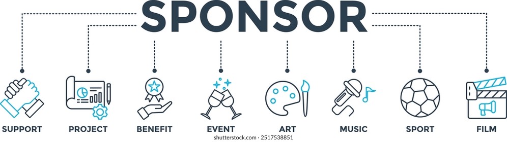 Ilustração vetorial do ícone da Web do banner do patrocinador com ícone de suporte, projeto, benefício, arte, evento, música, esporte e filme
