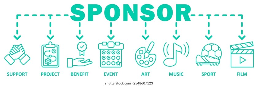 Banner do patrocinador ícone da web vetor ilustração conceito com ícone de suporte, projeto, benefício, evento, arte, música, esporte, filme