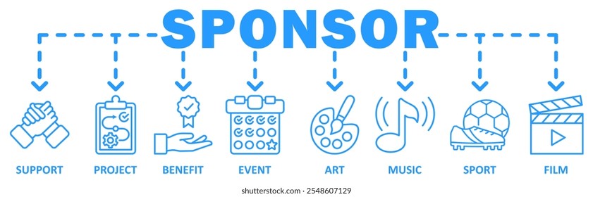 Sponsor banner web icon vector illustration concept with icon of support, project, benefit, event, art, musik, sport, film