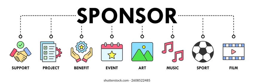 Sponsor banner web icon vector illustration concept with icon of support, project, benefit, art, event, music, sport, and film