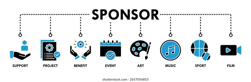 Concepto de Ilustración vectorial del icono del Web del Anuncio del patrocinador con el icono de la Asistencia, proyecto, beneficio, arte, acontecimiento, música, deporte, y película