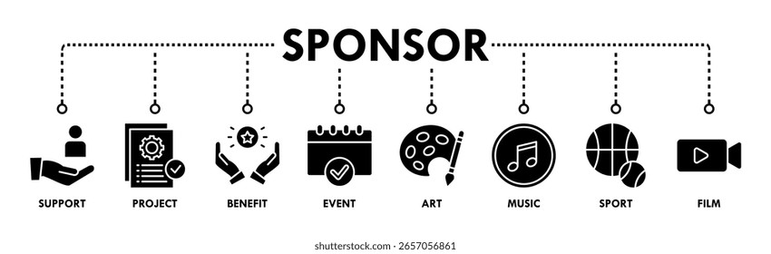 Concepto de Ilustración vectorial del icono del Web del Anuncio del patrocinador con el icono de la Asistencia, proyecto, beneficio, arte, acontecimiento, música, deporte, y película