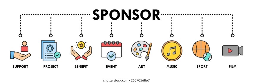 Ilustração vetorial do ícone da Web do banner do patrocinador com ícone de suporte, projeto, benefício, arte, evento, música, esporte e filme