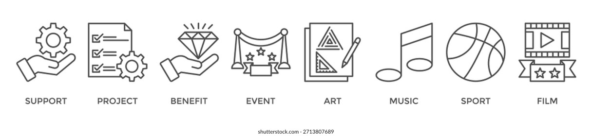 Concepto de Ilustración vectorial del icono del Web del Anuncio del patrocinador con el icono de la Asistencia, proyecto, beneficio, arte, acontecimiento, música, deporte, y película