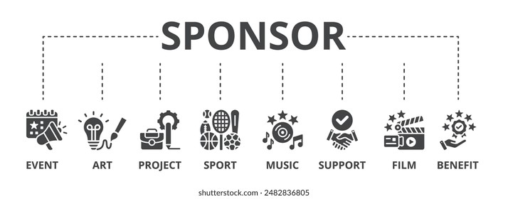 Sponsor concept icon illustration contain event, art, project, sport, music, support, film and benefit.