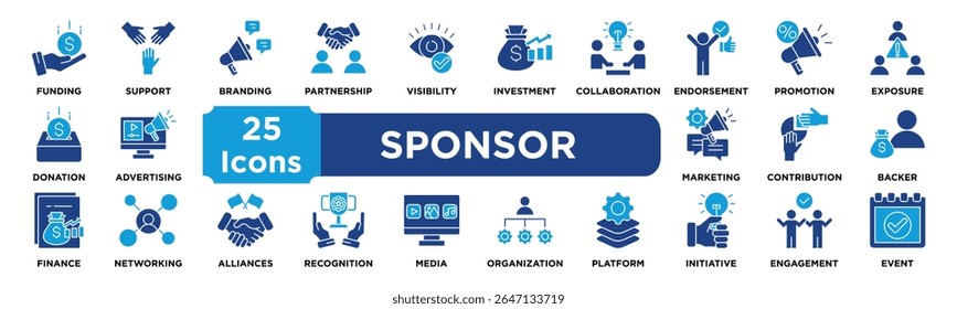 SPONSOR icon collection set. Containing funding,support,branding,partnership,visibility,investment,collaboration,endorsement,promotion,exposure icon. dual tone vector.	