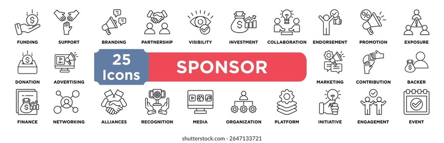 SPONSOR icon collection set. Containing funding,support,branding,partnership,visibility,investment,collaboration,endorsement,promotion,exposure icon. Simple line vector.	