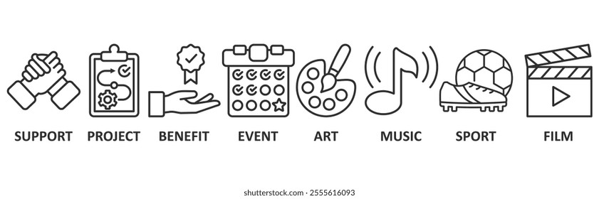 Sponsor icon set illustration concept with icon of support, project, benefit, event, art, musik, sport, film