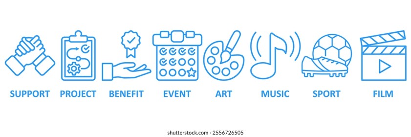 Sponsor icon set illustration concept with icon of support, project, benefit, event, art, musik, sport, film