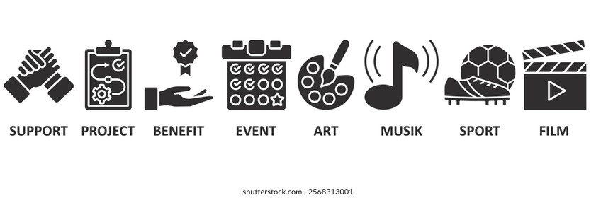 Sponsor icon set illustration concept with icon of support, project, benefit, event, art, musik, sport, film	
