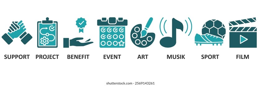 Sponsor icon set illustration concept with icon of support, project, benefit, event, art, musik, sport, film