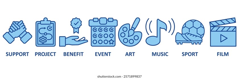 Sponsor icon set illustration concept with icon of support, project, benefit, event, art, musik, sport, film	