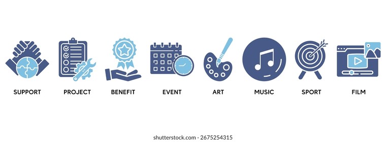 Concepto de Ilustración vectorial de conjunto de iconos de patrocinador relacionado con la Asistencia, proyecto, beneficio, arte, evento, música, deporte y cine
