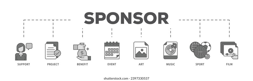 Sponsor infographic icon flow process which consists of film, sport, event, music, art, benefit, project, support icon live stroke and easy to edit