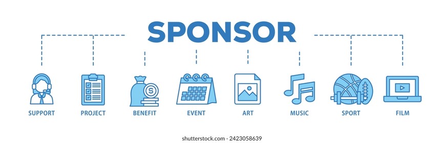 Sponsor web banner icon vector illustration concept consists of film, sport, event, music, art, benefit, project, support icon live stroke and easy to edit