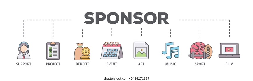 Sponsor web banner icon vector illustration concept consists of film, sport, event, music, art, benefit, project, support icon live stroke and easy to edit