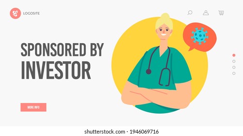 Sponsored by Investor Landing Page Template. Medical Staff Stand with Crossed Arms Need Donation and Help in Finance Issues, Medicine Sponsorship Concept. Hospital Support. Cartoon Vector Illustration